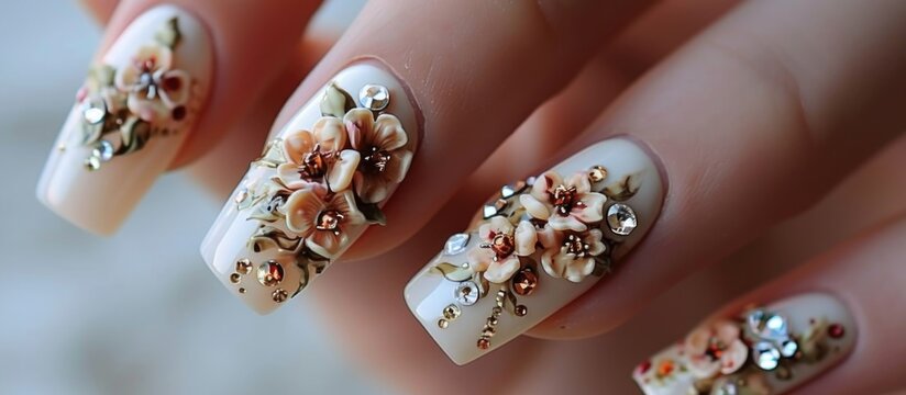 Floral-patterned nude nails adorned with rhinestones.