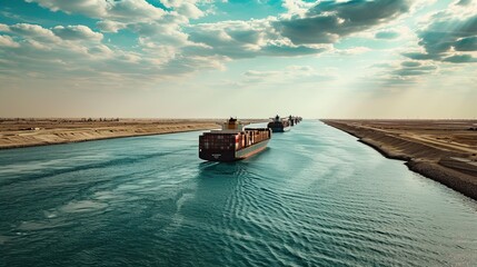 Container ships in the Suez Canal. A group of large cargo ships. Space for text.