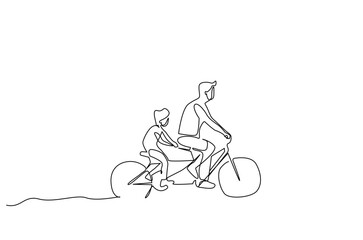 father son little boy riding a bike together amusement park outside lifestyle one line art design