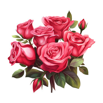 Bouquet of red roses with green leaves. AI generated image
