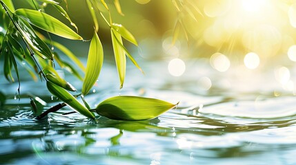 green fresh bamboo leaf on light blue transparent water wave in sunlight. Banner with copy space - obrazy, fototapety, plakaty