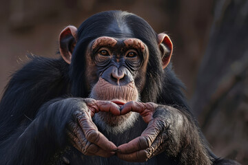 Chimpanzee forming a heart with his hands - obrazy, fototapety, plakaty
