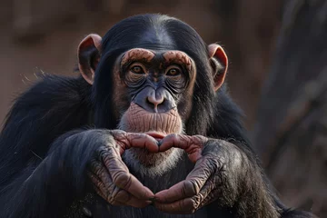 Foto op Plexiglas anti-reflex Chimpanzee forming a heart with his hands © Miquel