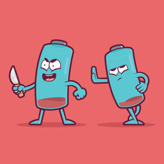 Low Battery Characters with angry faces vector illustration. Energy, power, life design concept.