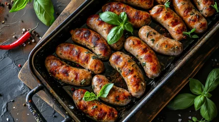 Foto op Plexiglas Roasted sausages cut varied in baking tray with basil and rosemary, top view, flat lay. Delicious home cooking. © Vladimir
