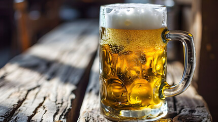 Golden Beer with Bubbles and Froth in Clear Mug on Rustic Wooden Table
