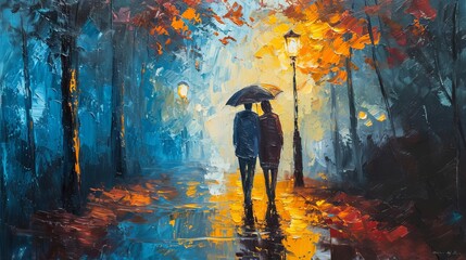 A couple strolling in the rain while oil painting at night