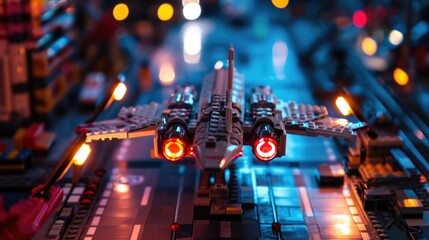 A lego spaceship on a launch pad, set against a space backdrop, with a strong sense of futuristic technology.
