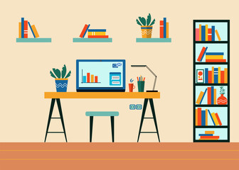 Home office, working space. Room with table, bookshelves and laptop. Vector flat style illustration.