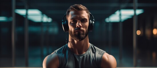 Athlete with headphones prepares to exercise, streaming motivation podcast online and practicing...