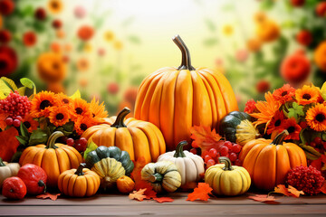 Naklejka na ściany i meble Background of autumn with pumpkins and maple leavesBackground of Thanksgiving or the harvest