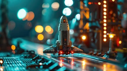 A lego spaceship on a launch pad, set against a space backdrop, with a strong sense of futuristic...
