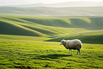 Beautiful green hills landscape with sheep standing alone. Scenery of spring, summer nature with...
