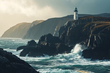 Stormy sea landscape with lighthouse on rocky coast in Ireland. Dramatic sky, ocean waves crashing on rocks, bright sun rays bursting through clouds. Lighthouse on cliff. Nature, travel, adventure - obrazy, fototapety, plakaty