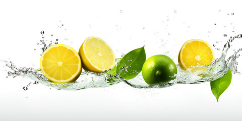 lemons leaves splash of yellow juice Lemonade white water background 