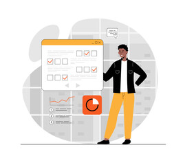 Online survey concept. Man marking answers in questionnaire, fills voting form, leaving his user experience. Illustration with people scene in flat design for website and mobile development.