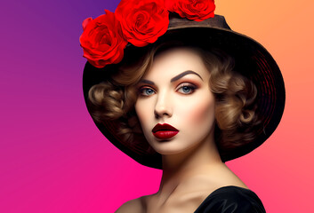 Naklejka premium Portrait of a brunette woman in black with roses and colorful background. horizontal image with copy space