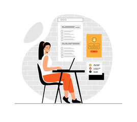 Online survey concept. Woman filling survey form, Feedback service, Checklist, Online test. Illustration with people scene in flat design for website and mobile development.