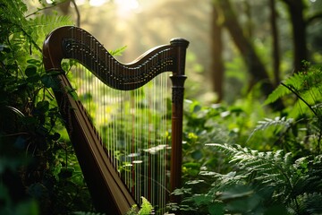   Beautiful Celtic harp stands in the middle of a green enchanted forest with sun rays shining through the trees. Symbol of Ireland, Irish traditional music, St Patrick's Day. Copy space for text 