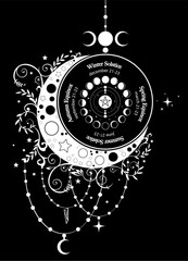 solstice and equinox circle, wheel of moon phases with dates and names. White floral crescent moon in boho style. Lucky pagan oracle of the Wiccan witches, vector isolated on black background 