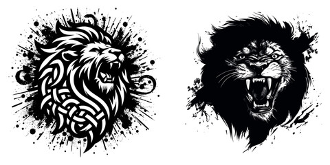 Angry roaring lion set, emblem, jungle king tribal tattoo, vector illustration.