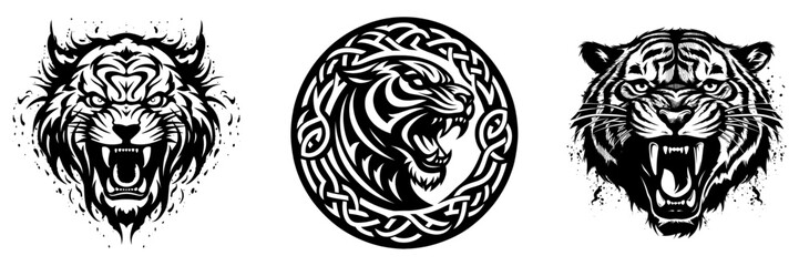 Set of roaring tiger with different angry expressions, symbols for tattoo design, emblem or logo, vector illustration.
