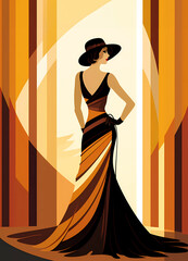 Woman in a black evening gown attending gala.  Art Deco style. 1920s retro party. 