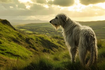 Wolfhound dog standing on top of green hill in Ireland. Irish hound. Freedom, travel, adventure...