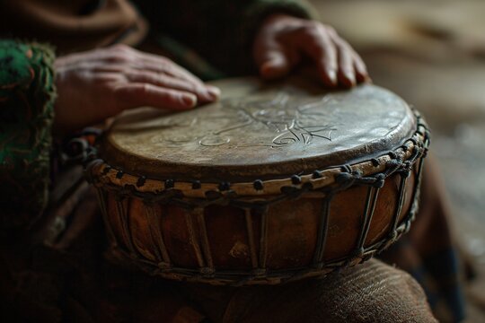  Close-up of a person playing a traditional Irish bodhran drum. Celtic folk music concept. Irish culture. Ancient musical instrument. Ireland, history