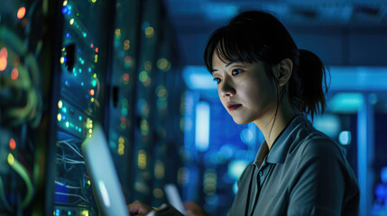 Focused IT professional using a laptop while standing in a server room with racks of network equipment illuminated by blue lights