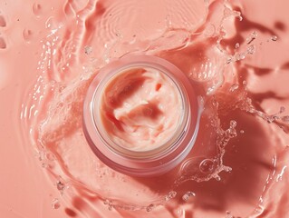image of a glass jar of face cream on a peach-colored background. concept cosmetics, body care, beauty, makeup, soft, liquid