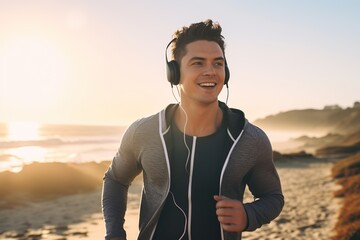 Young man in sportswear and headphones running on the beach