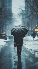 a lonely figure of a young woman with an umbrella walks down the street in bad gray autumn or winter weather with snow and rain. vertical photo. concept climate, weather, cold, depression, mood, 