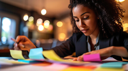 Focused young woman meticulously reviewing documents, surrounded by colorful sticky notes