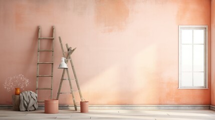 Preparation for renovation in a peach-colored apartment. ladders and a bucket of paint. empty space for text. concept: renovation, restoration, apartment purchase