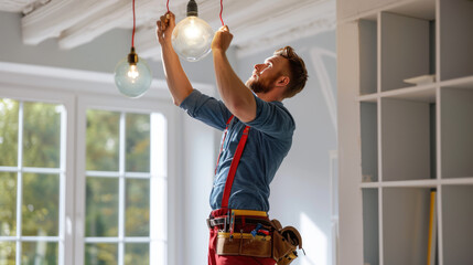 A cheerful electrician is attentively installing or repairing a light bulb in a residential setting
