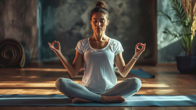 Woman sitting in the lotus position on a yoga mat, meditating with her eyes closed