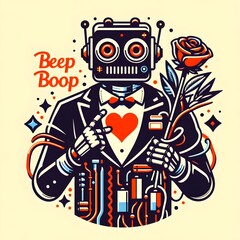 Text beep boop logo for Valentine's day of a robot in a suit.
