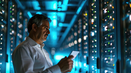 Focused IT professional using a laptop while standing in a server room with racks of network equipment illuminated by blue lights