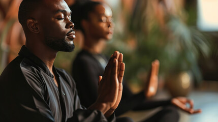 Man in the foreground practicing meditation with a focused and peaceful expression