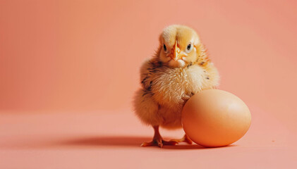 a hatched chick from a shell against the background of a monochromatic banner of peach color. bird concept, easter, chickens, household
