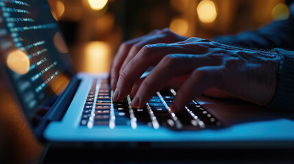 Close-up of a person's hands typing on a laptop keyboard