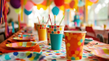 Fototapeta na wymiar A bright showcase with a set of napkins and plates and multi-colored paper cups for celebrating a children's birthday. concept holidays, children, birthday, event