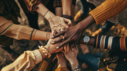 Fototapeta na wymiar A top-down view of a group of friends stacking their hands together, symbolizing unity, teamwork, and mutual support in a casual setting.