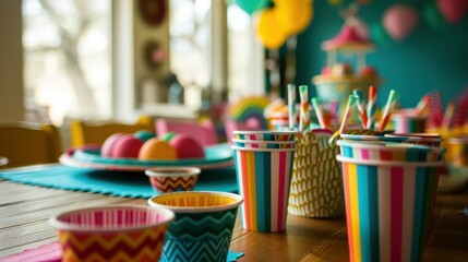 Obraz na płótnie Canvas A bright showcase with a set of napkins and plates and multi-colored paper cups for celebrating a children's birthday. concept holidays, children, birthday, event