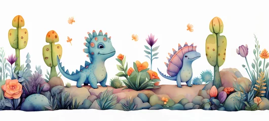 Poster Baby dinosaurs watercolor illustration. cute animals for nursery. character design banner baby dinosaur for kids © Feathering Flower