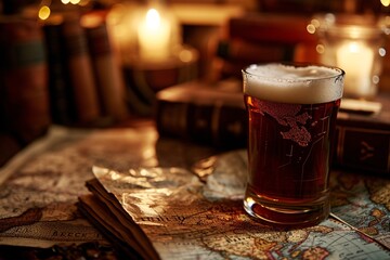  Fantasy beer on the table with old books and scrolls. Magic potion for brave warriors concept. Glass with dark drink. Medieval fantasy tavern. Ireland, Irish vibes  - obrazy, fototapety, plakaty