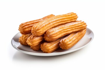 A heap of traditional Spanish dessert churros on the plate isolated on white background