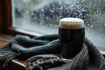 Comfy cozy rainy day with a glass of dark beer or stout. Watching the rain from the window. Snug and hygge concept. Irish ambiance, Ireland - obrazy, fototapety, plakaty