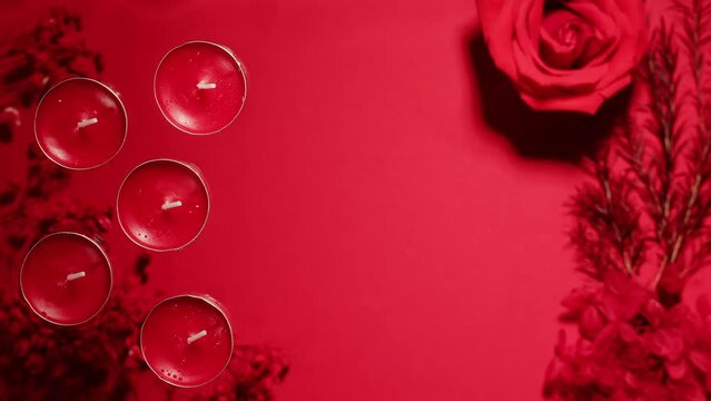 Composition of flowers, candles on pink background with water waves top view close-up. Wallpaper with flora aroma objects